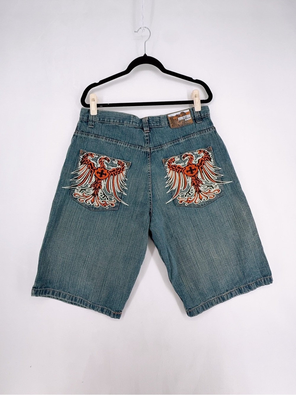 Vtg Y2K Embroidered Hip Hop Baggy Jean Shorts Men Size 38 Evolution In Design